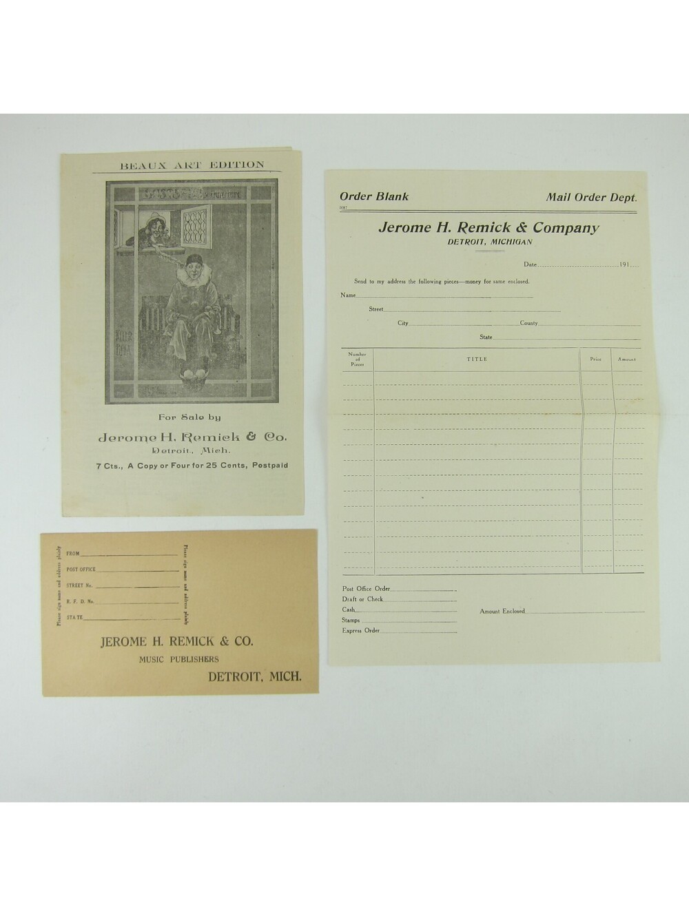 Jerome H. Remick & Co Advertising Sheet Music Catalog Order Form Envelope 1910s